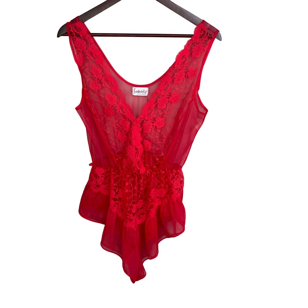 Vintage Frederick's of Hollywood‎ Red Sheer Lace Teddy Bodysuit Medium USA